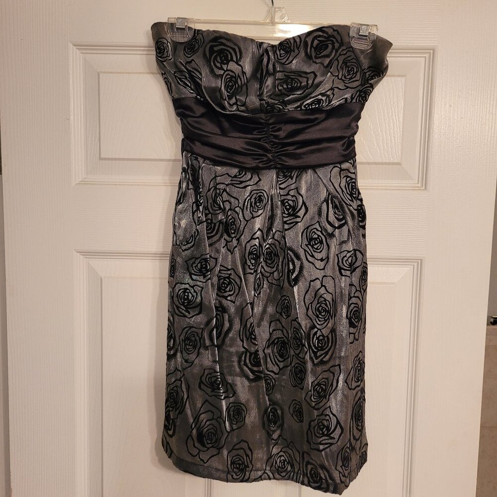 Silver and black floral strapless mini dress